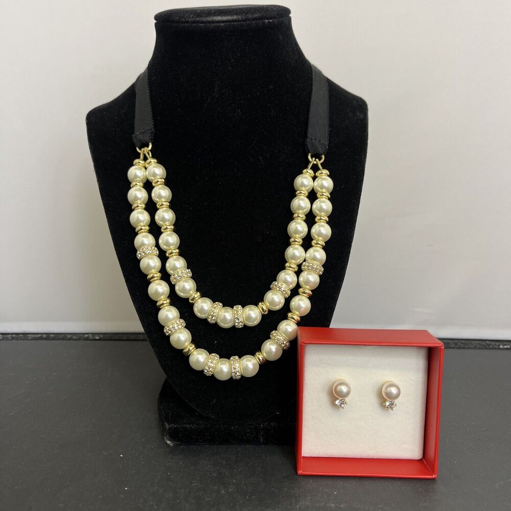 NWT Talbots Layered Necklace Black Ribbon Faux Pearls & Gold Beads Rhinestones